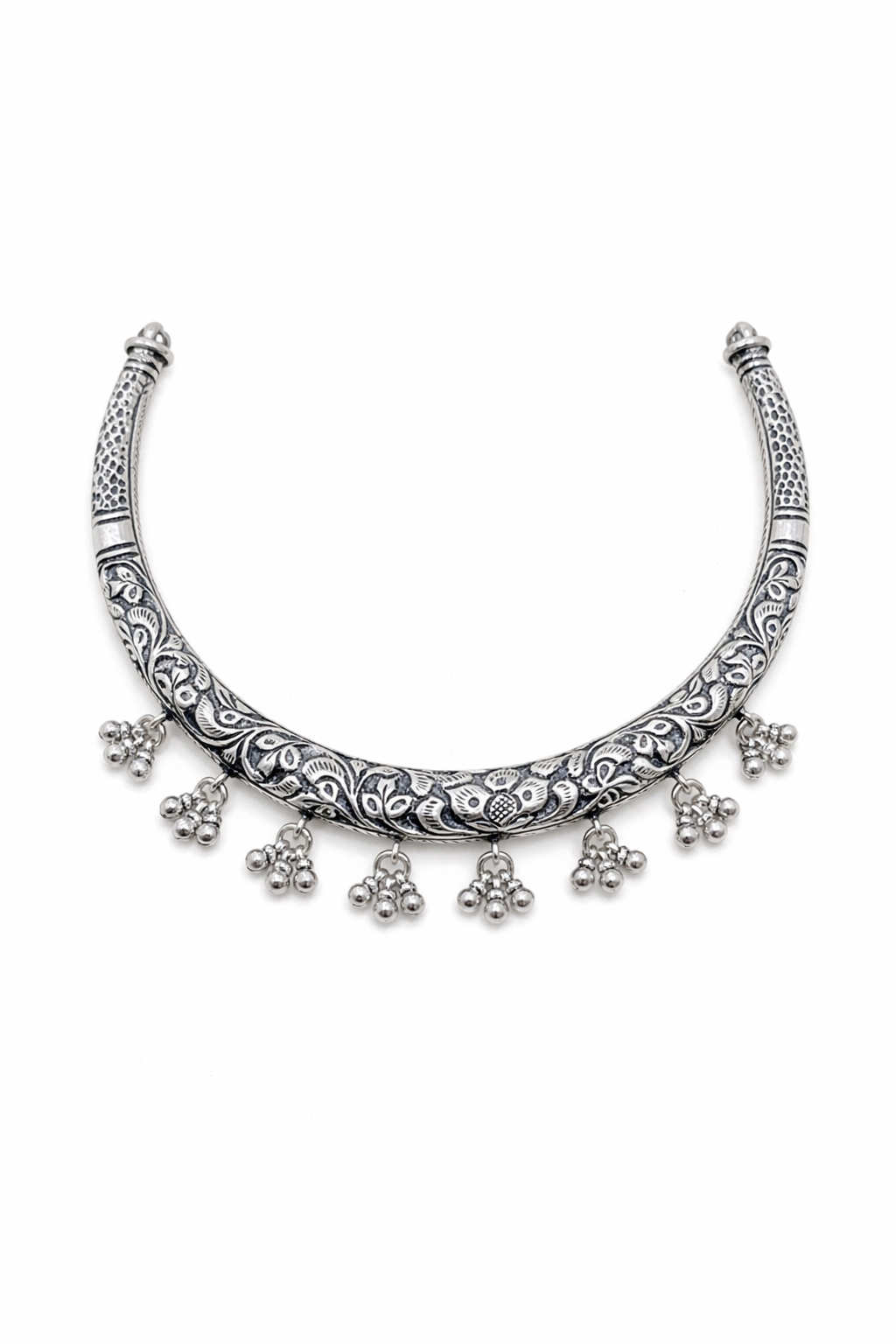 Oxidised Floral Collar Necklace with Minimal Ghungroo Drops
