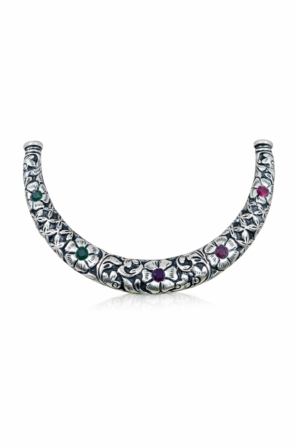 Dual Tone Oxidised Floral Collar Necklace with Colored Stones