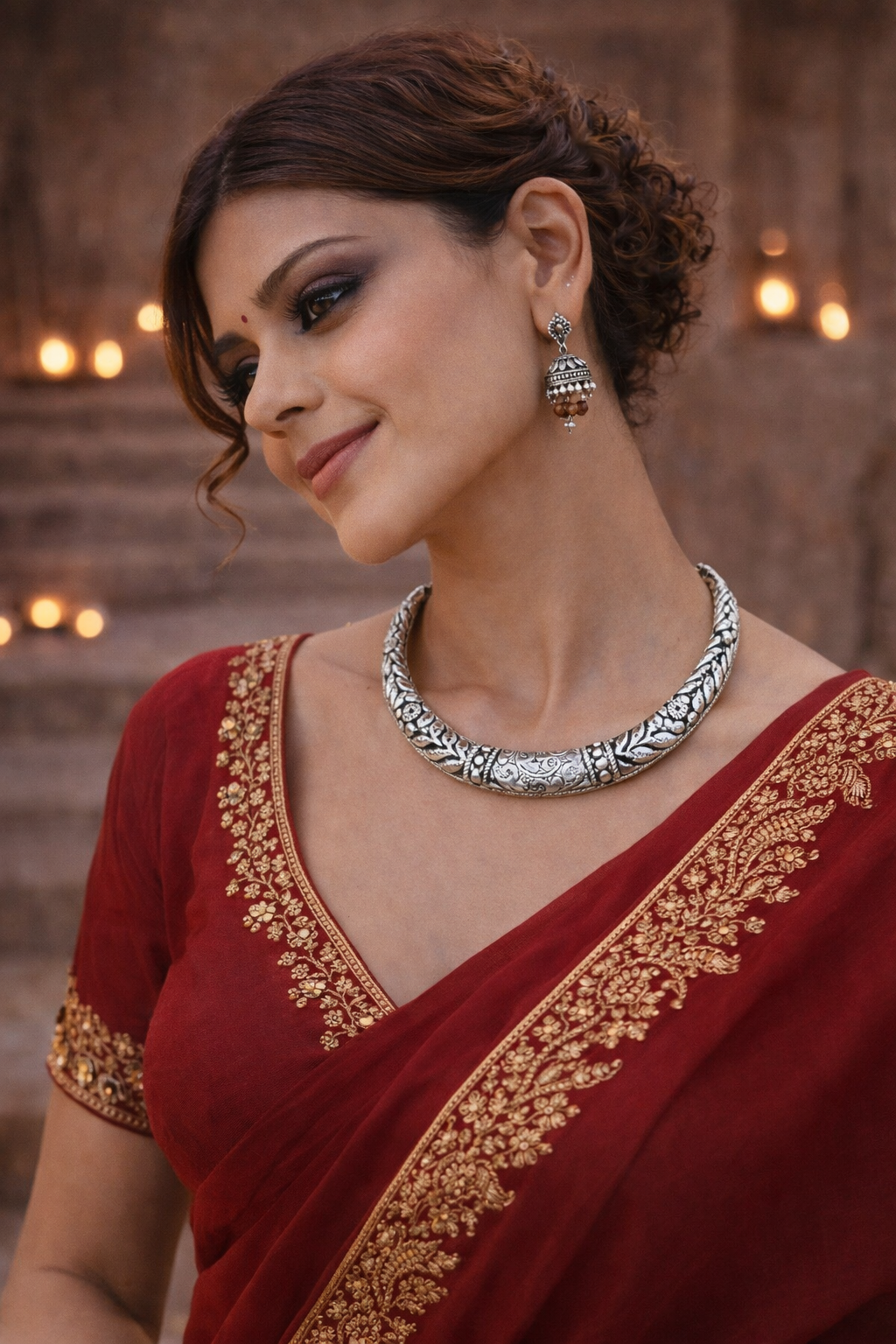 Dual Tone Floral Engraved Oxidised Collar Necklace