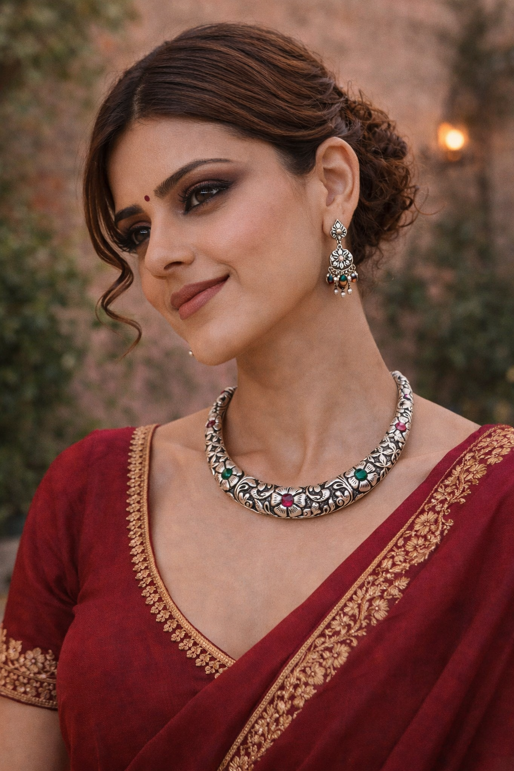 Dual Tone Oxidised Floral Collar Necklace with Colored Stones