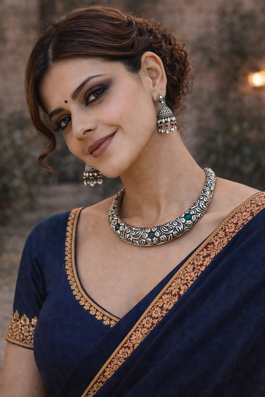 Oxidised Floral Collar Necklace with Dual-Tone Stone Accents