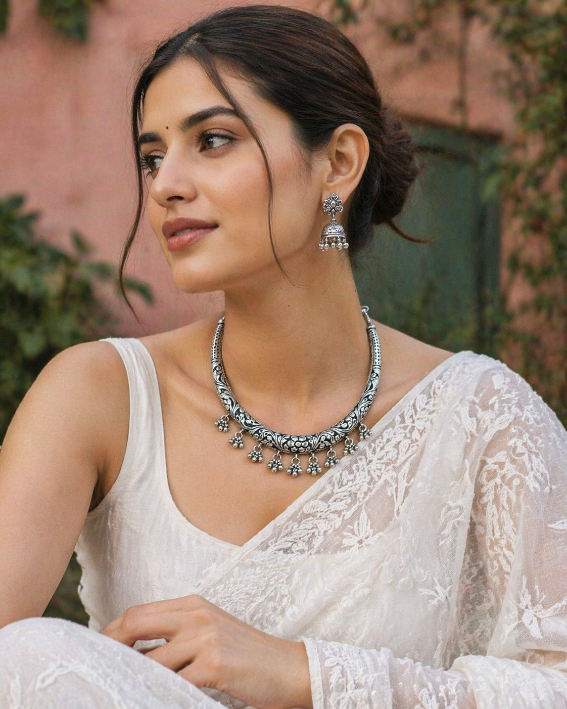 Dual Tone Oxidised Ghungroo Drop Collar Necklace