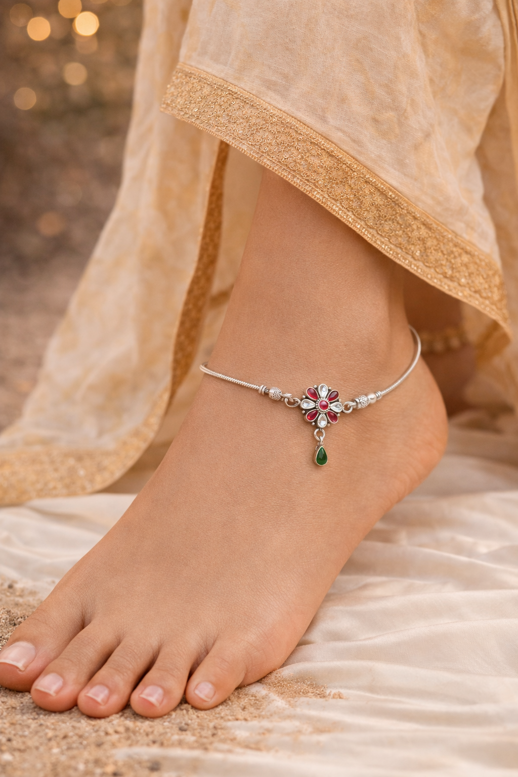 Floral Charm Anklet with Red Stones & Green Drop