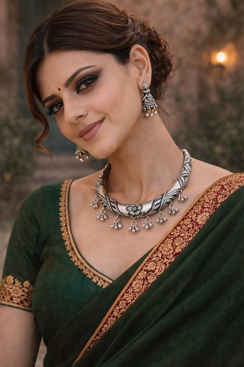 Oxidised Floral Collar Necklace with Ghungroo Drops