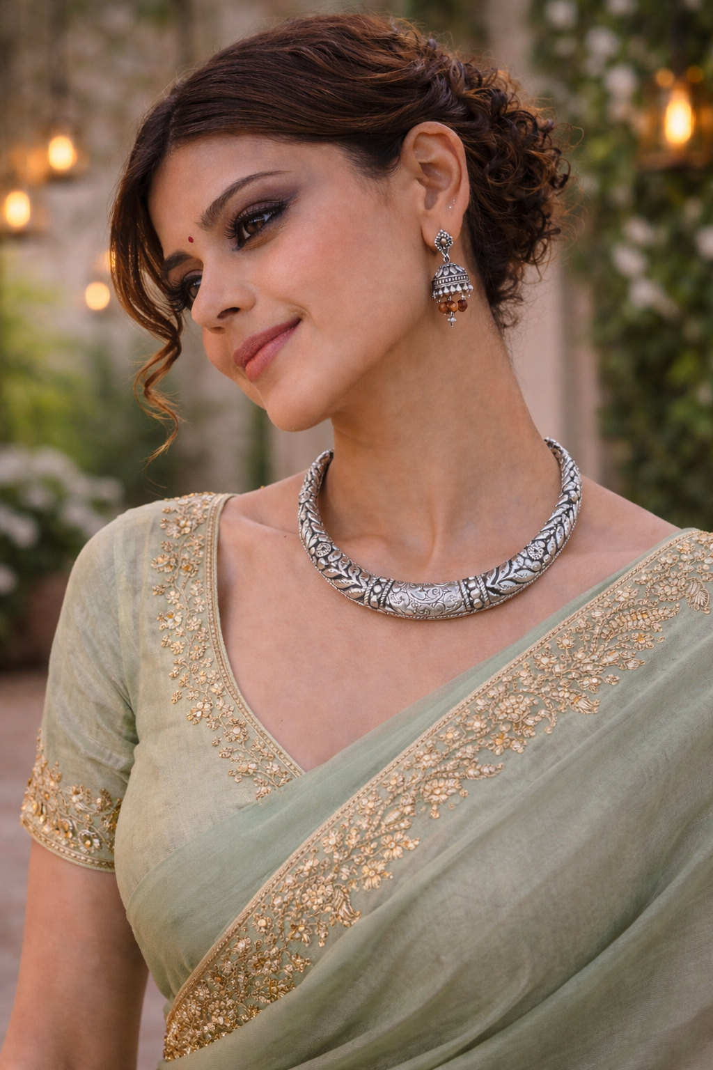 Dual Tone Floral Engraved Oxidised Collar Necklace