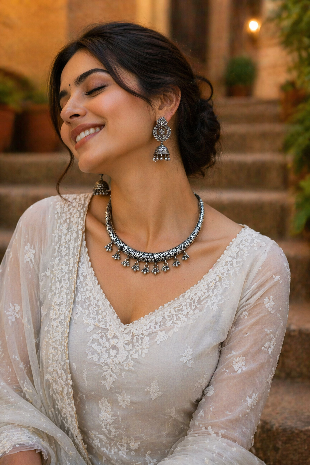 Dual Tone Oxidised Ghungroo Drop Collar Necklace
