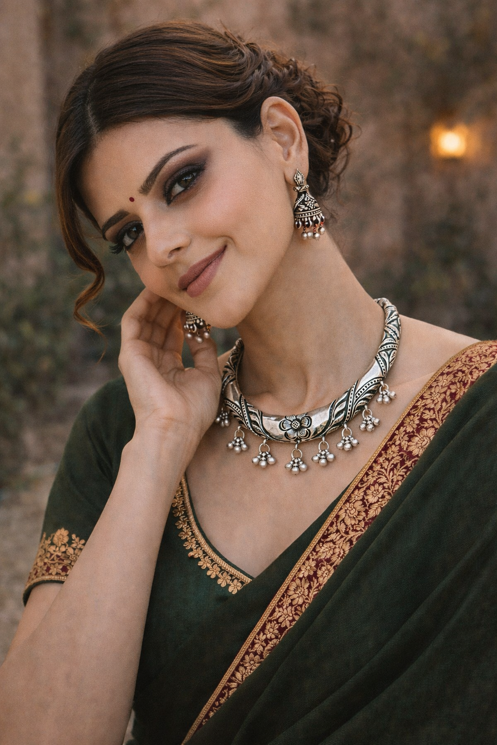 Oxidised Floral Collar Necklace with Ghungroo Drops