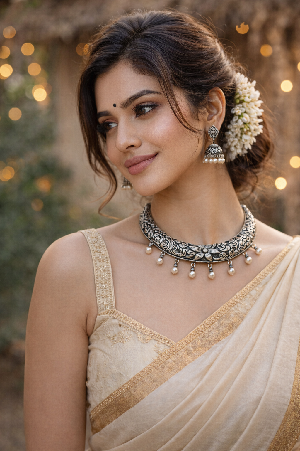 Oxidised Floral Collar Necklace with Pearl Drop Accents