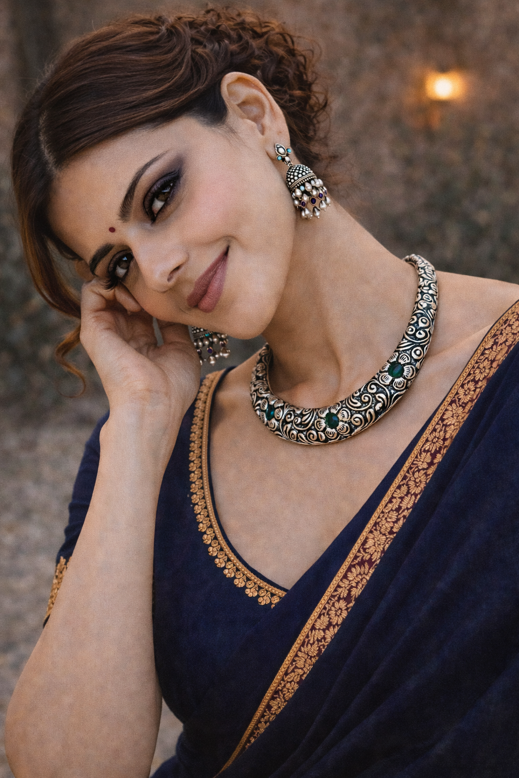 Oxidised Floral Collar Necklace with Dual-Tone Stone Accents