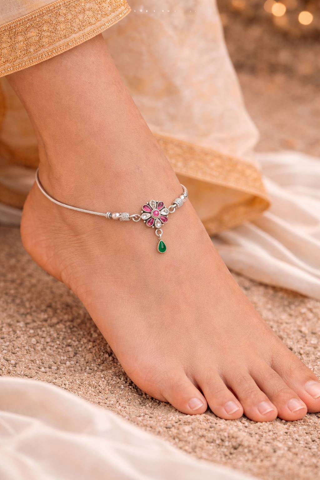 Floral Charm Anklet with Red Stones & Green Drop