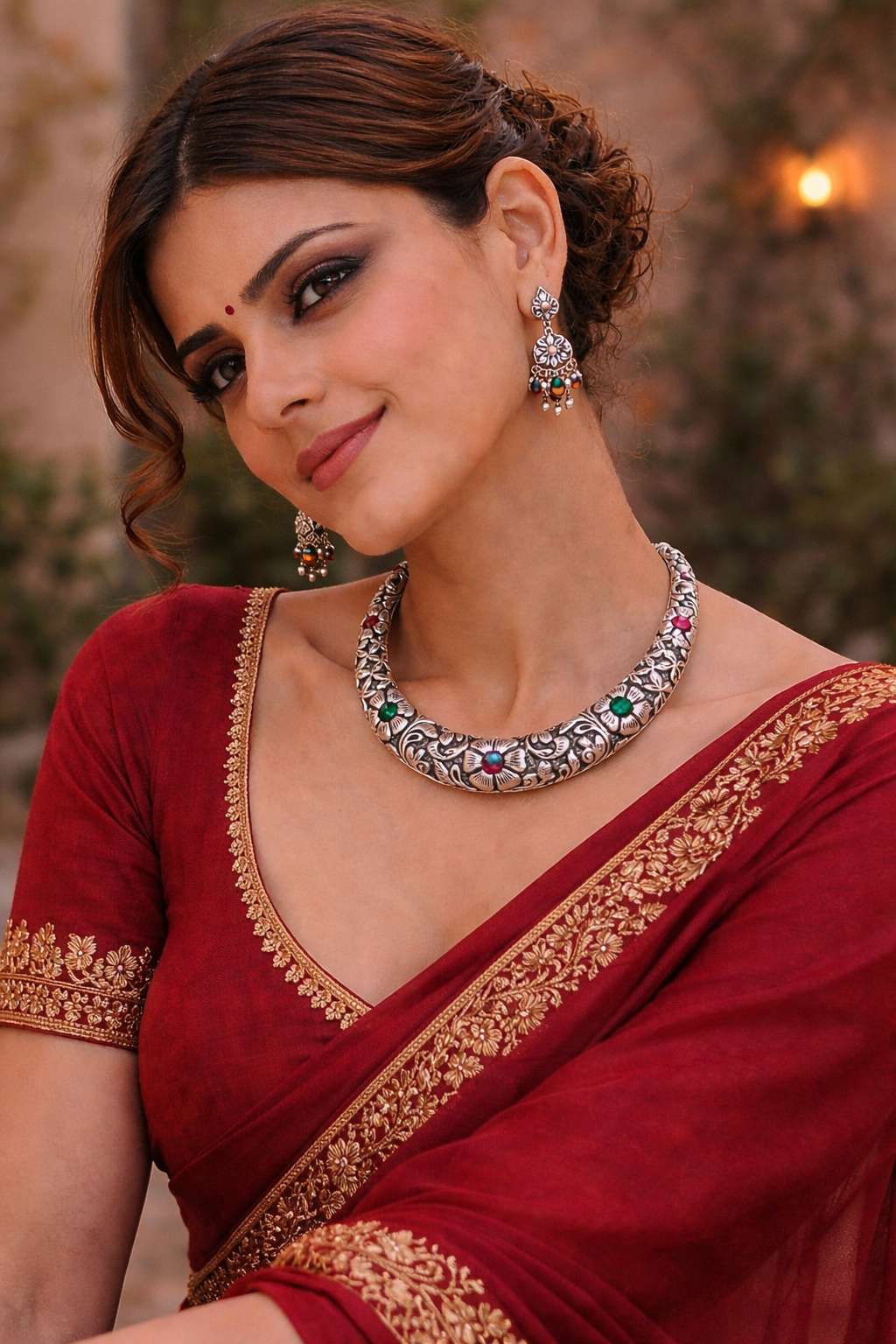 Dual Tone Oxidised Floral Collar Necklace with Colored Stones