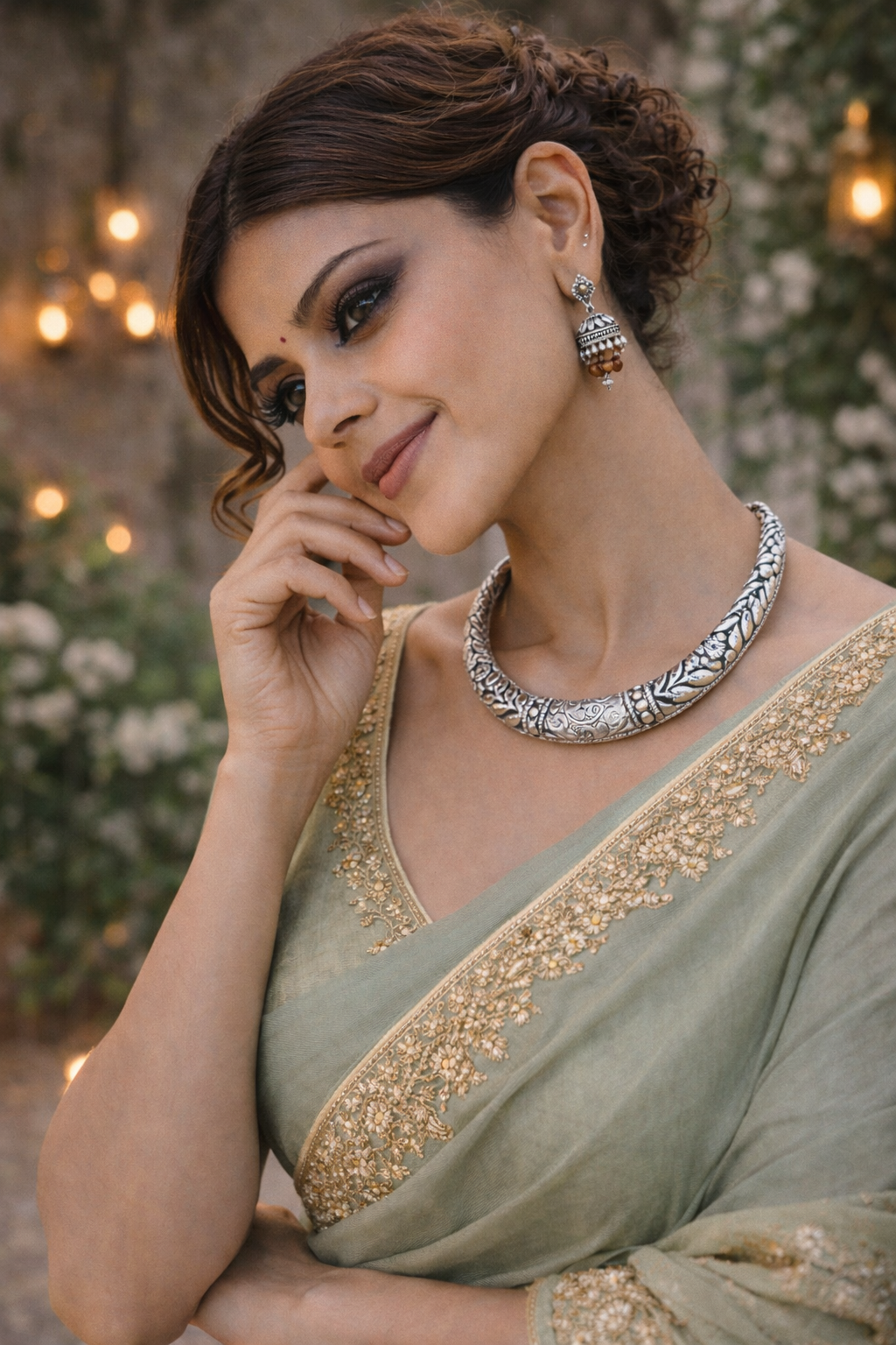 Dual Tone Floral Engraved Oxidised Collar Necklace