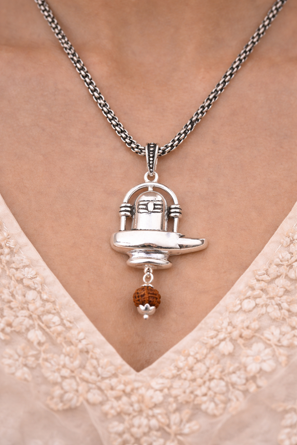Shiva Lingam Charm Pendant Necklace with Rudraksha Drop