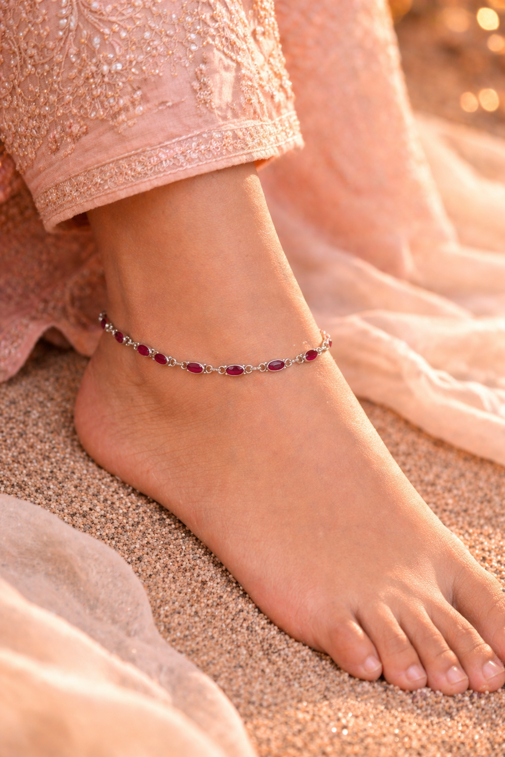 Ruby Stone Tennis Anklet in Silver Finish