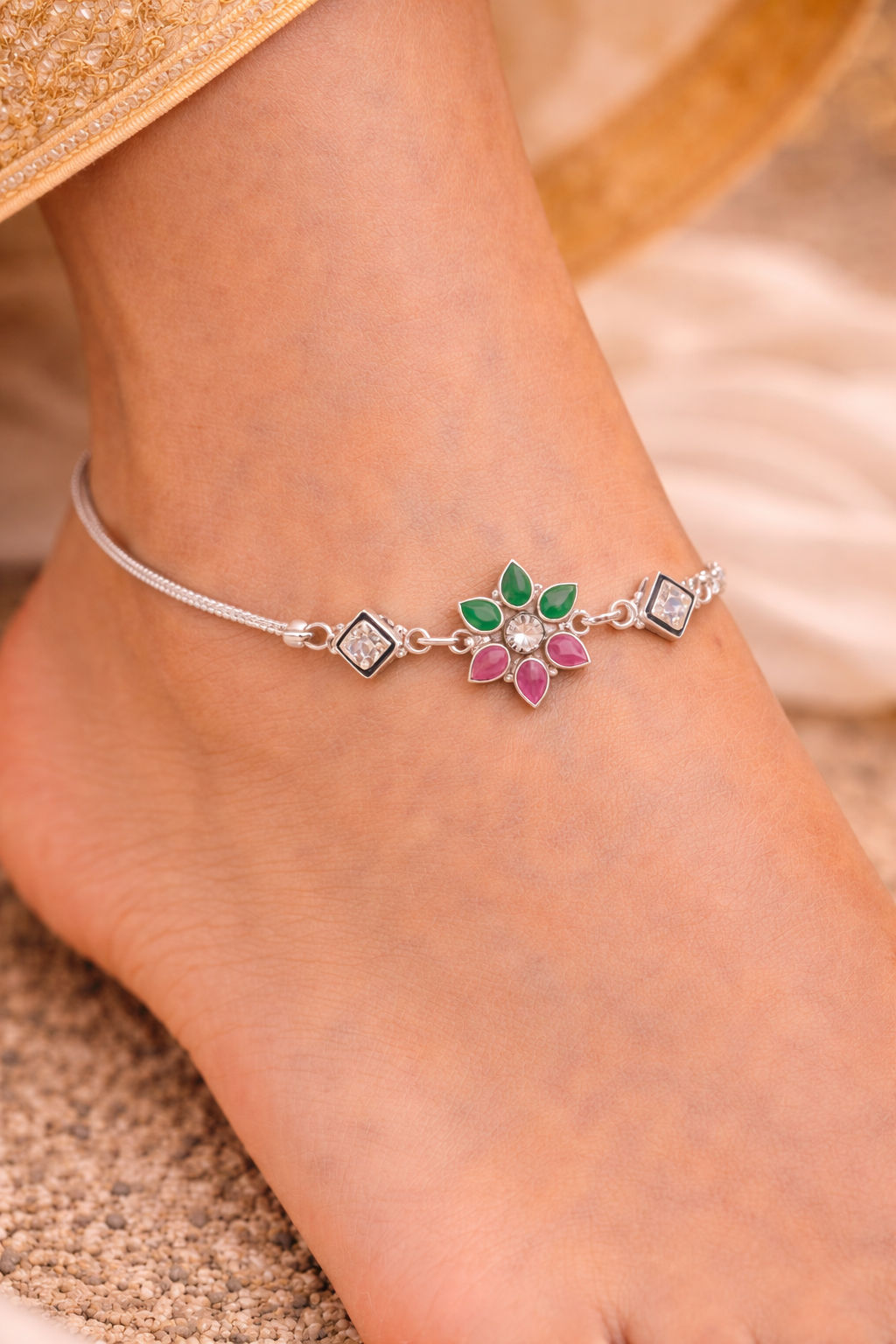 Dual-Tone Floral Anklet with Ruby & Emerald Accents