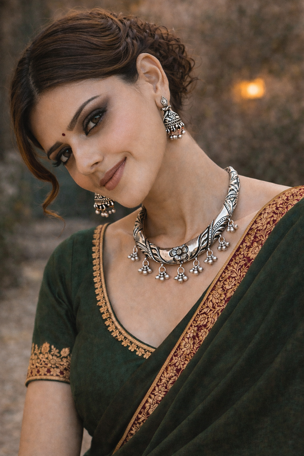 Oxidised Floral Collar Necklace with Ghungroo Drops