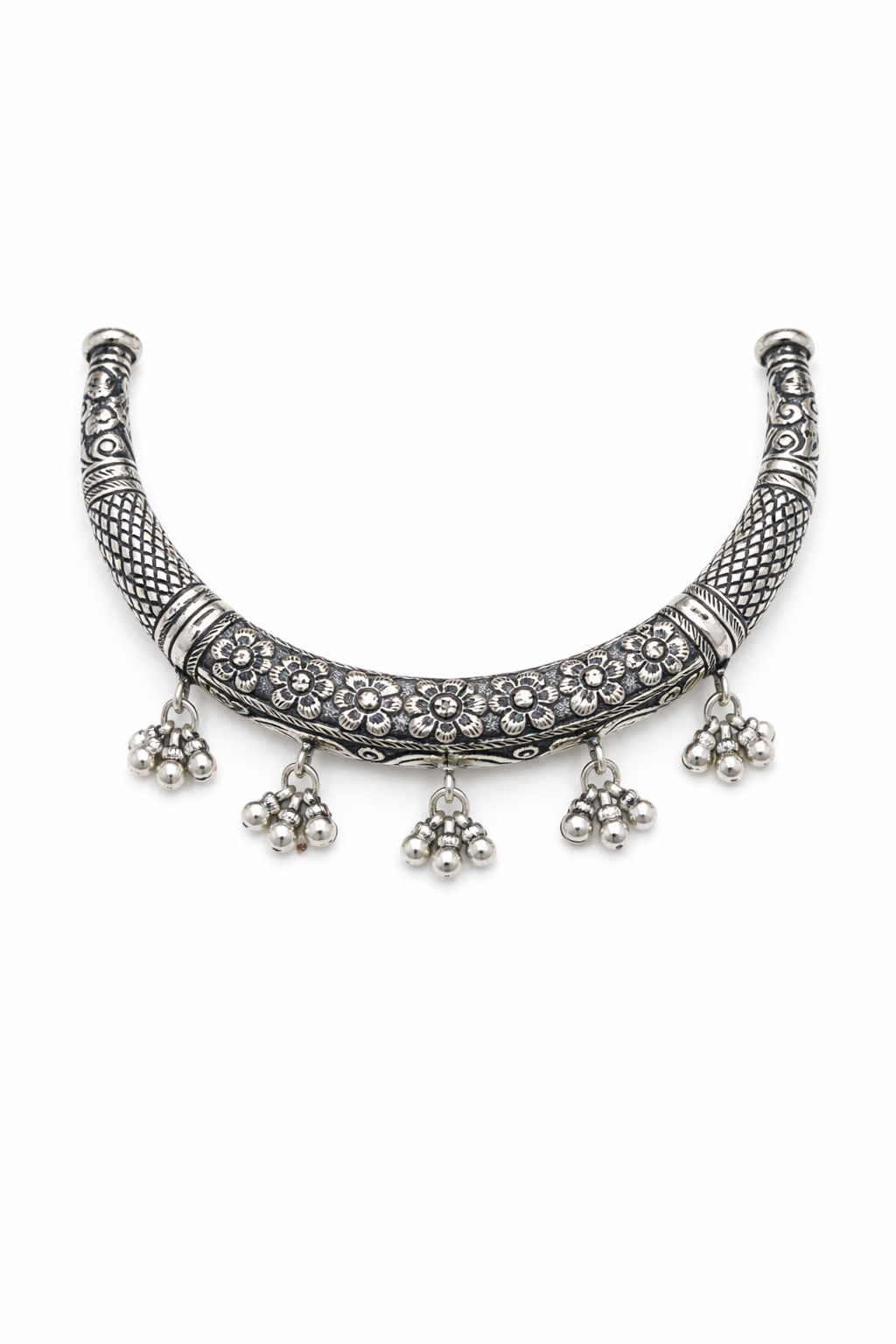 Oxidised Floral Collar Necklace with Ghungroo Drop Clusters