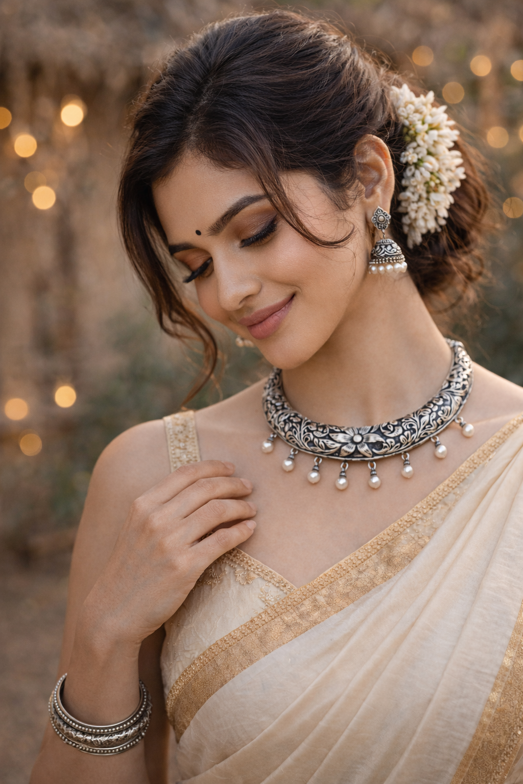 Oxidised Floral Collar Necklace with Pearl Drop Accents