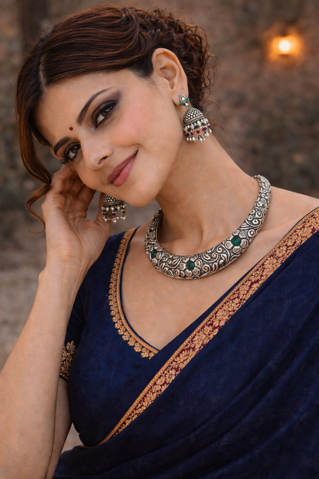Oxidised Floral Collar Necklace with Dual-Tone Stone Accents