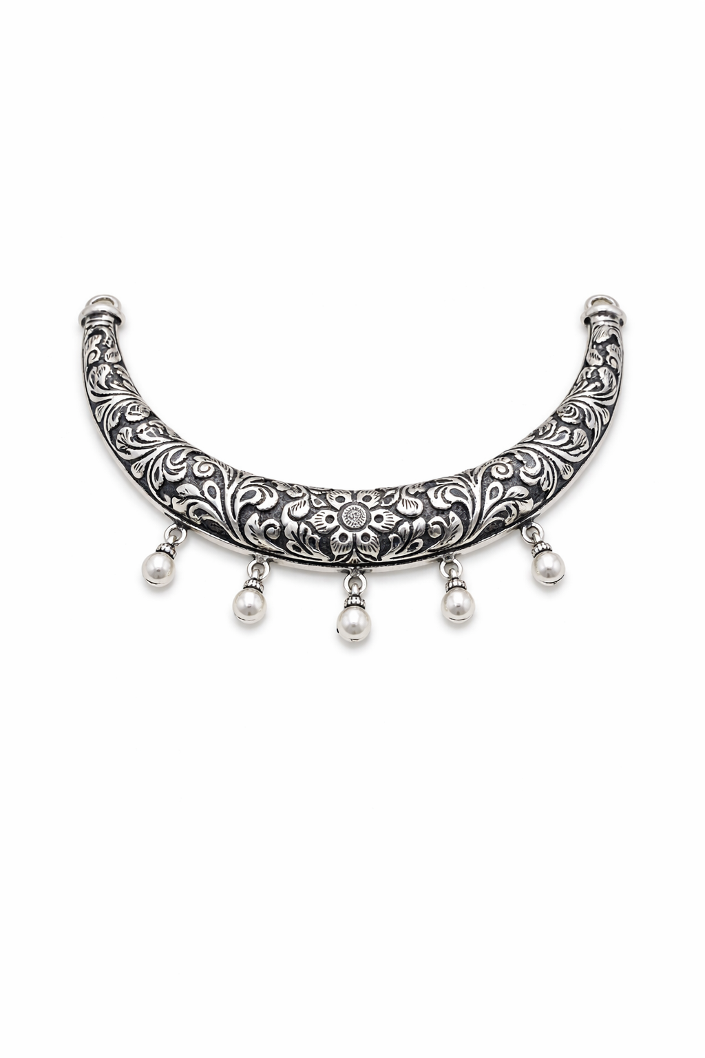 Oxidised Floral Statement Collar Necklace with Pearl Drops