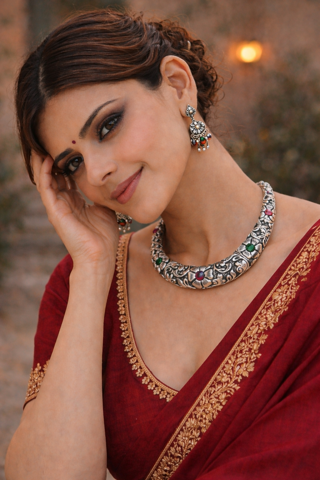 Dual Tone Oxidised Floral Collar Necklace with Colored Stones