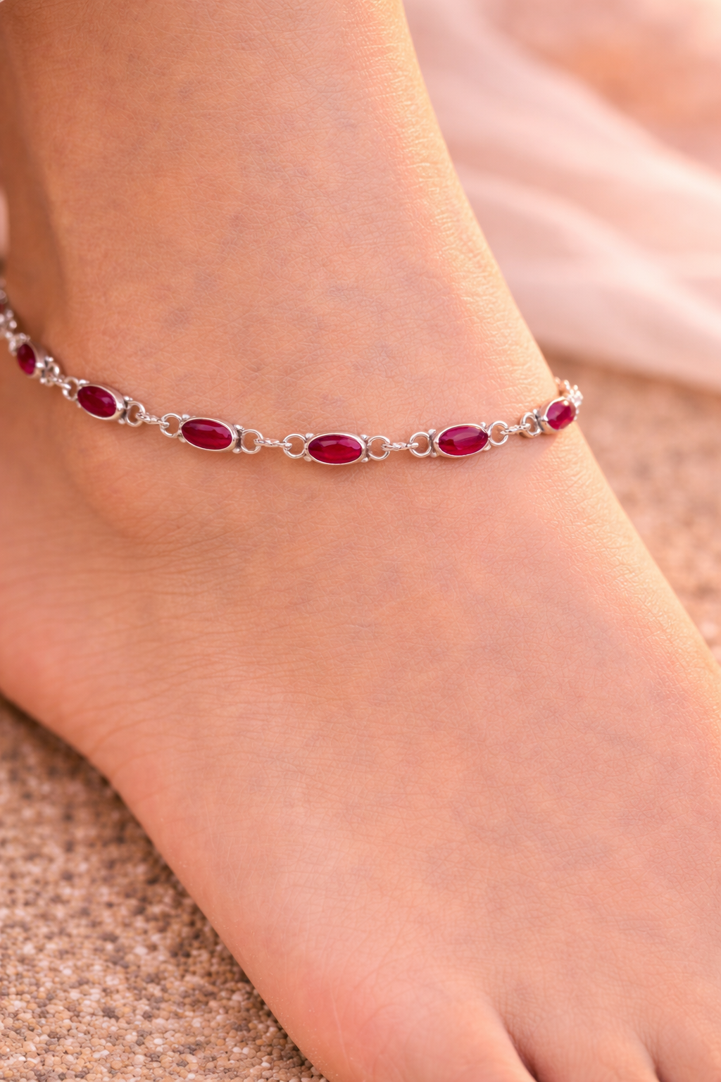 Ruby Stone Tennis Anklet in Silver Finish