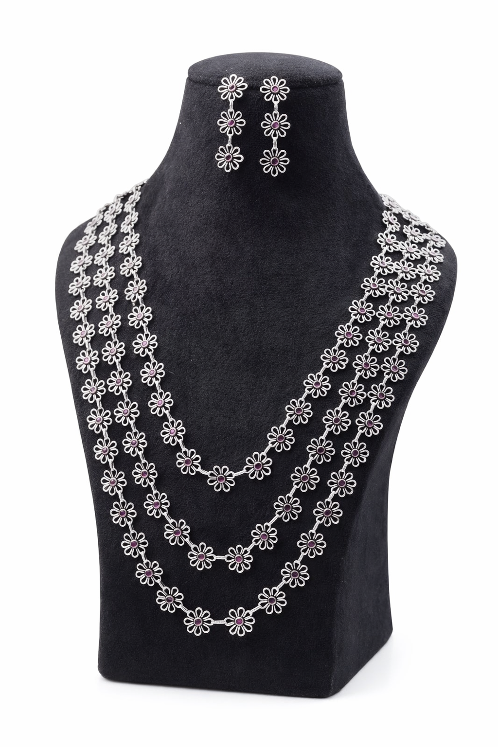 Floral Layered Necklace Set with Earrings – Silver Finish Pink Stone Jewelry