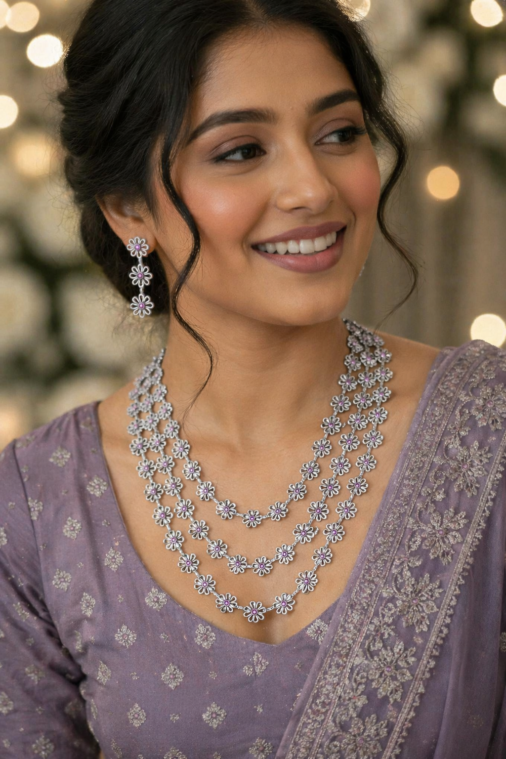 Floral Layered Necklace Set with Earrings – Silver Finish Pink Stone Jewelry