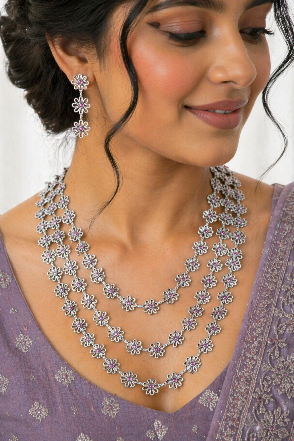 Floral Layered Necklace Set with Earrings – Silver Finish Pink Stone Jewelry