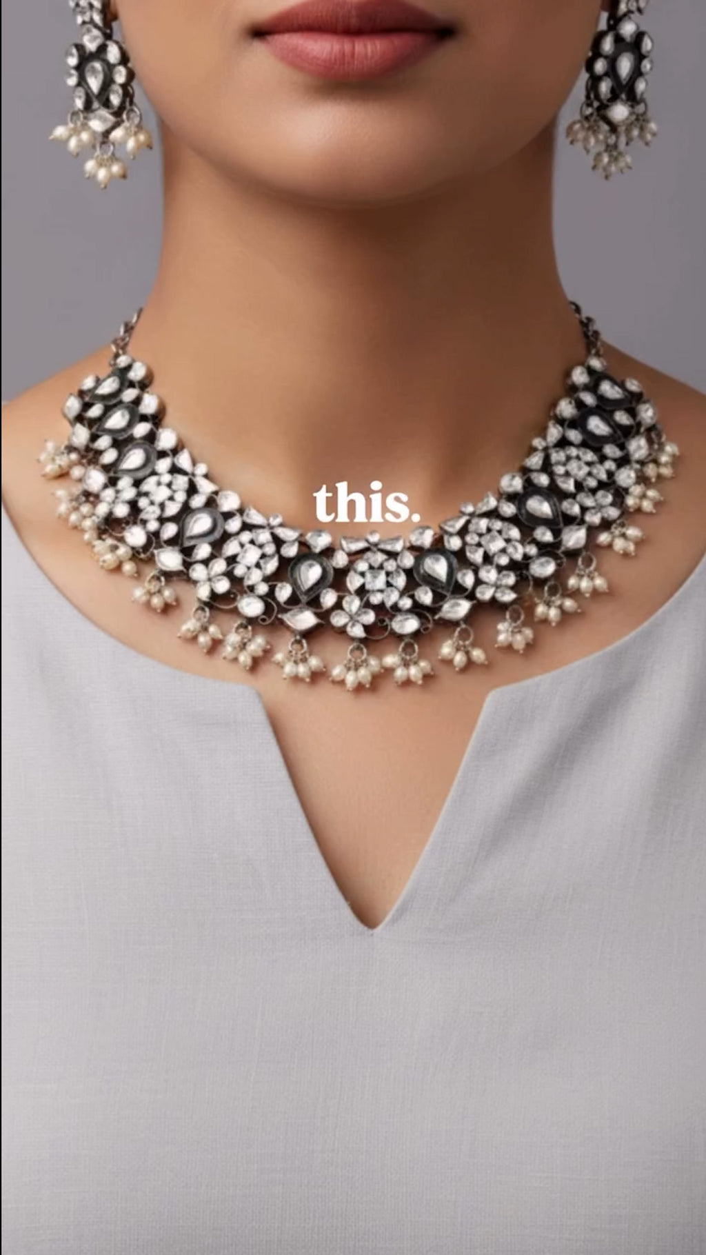 Midnight Polki Necklace Set – Oxidised Silver Heritage Jewelry with Pearl Danglers