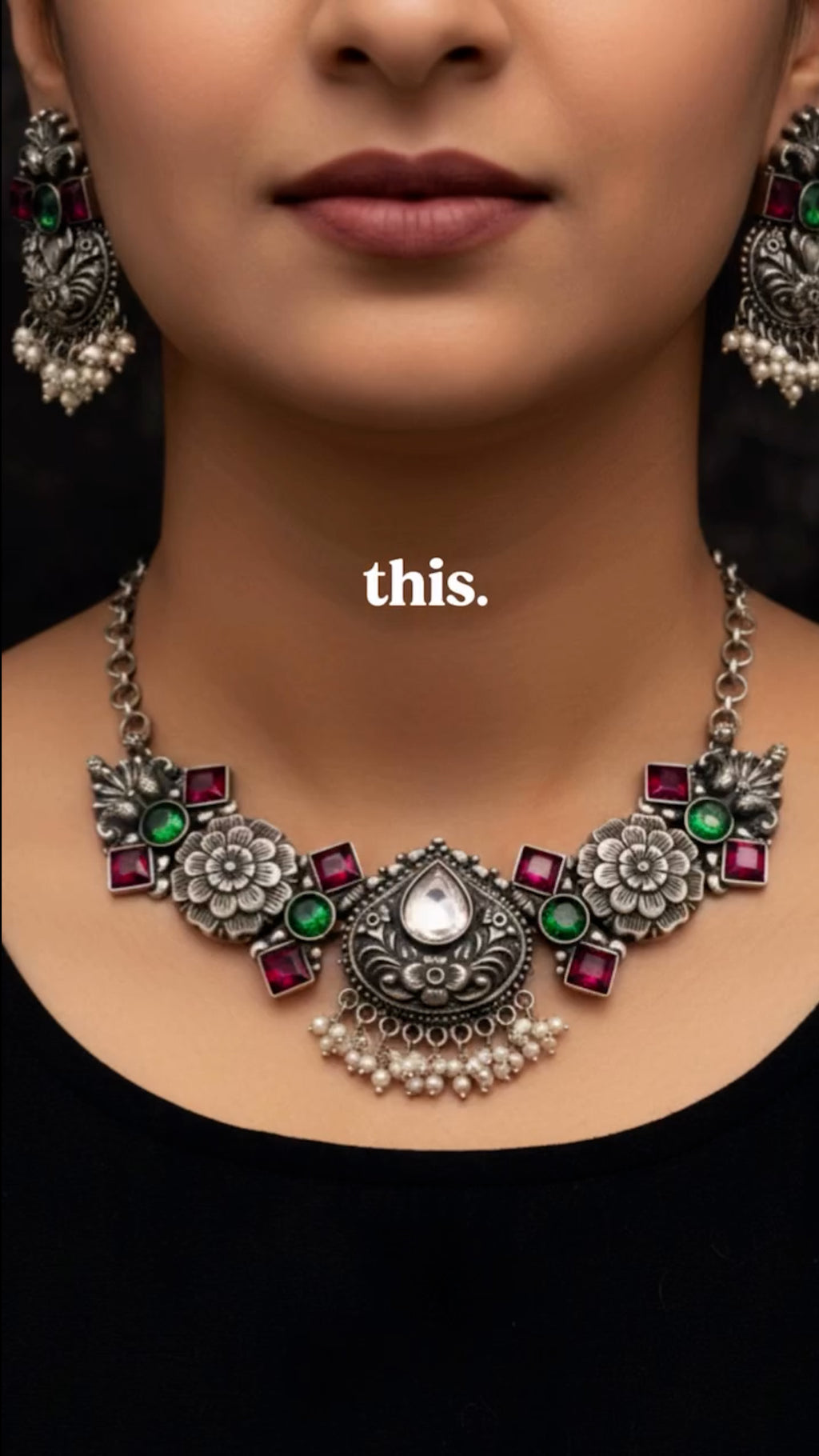 Oxidised Floral Statement Necklace Set with Ruby & Emerald Stones