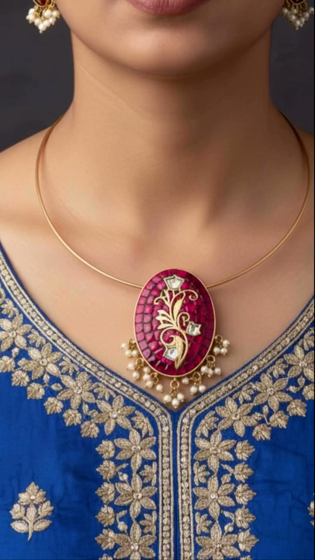 Ruby Mosaic Heritage Pendant Necklace Set with Pearl Drops