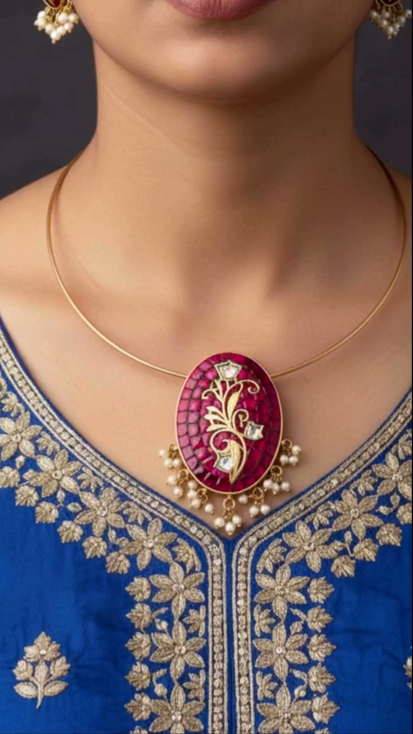Ruby Mosaic Heritage Pendant Necklace Set with Pearl Drops