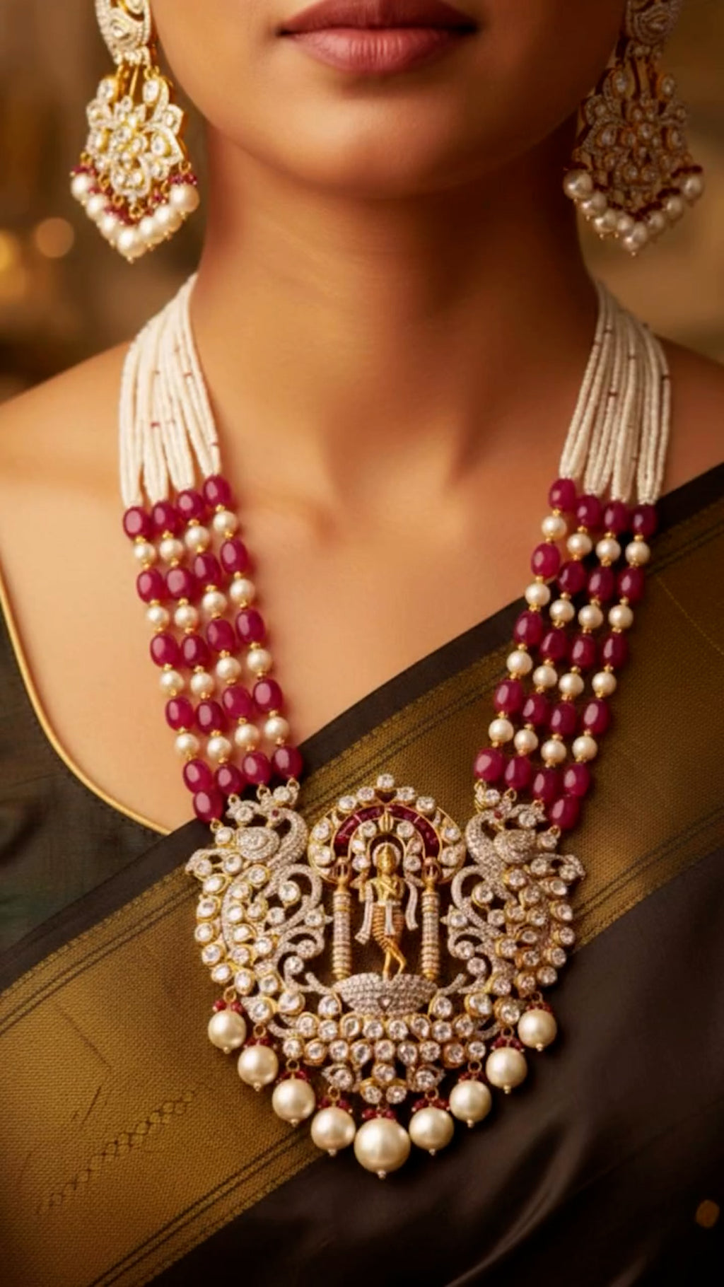 Temple-Inspired Kundan Pearl Necklace Set with Ruby Beads