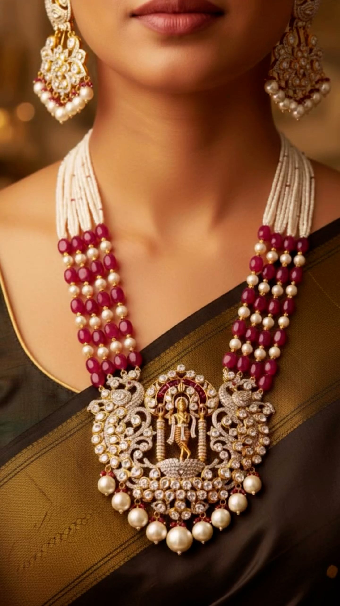 Temple-Inspired Kundan Pearl Necklace Set with Ruby Beads