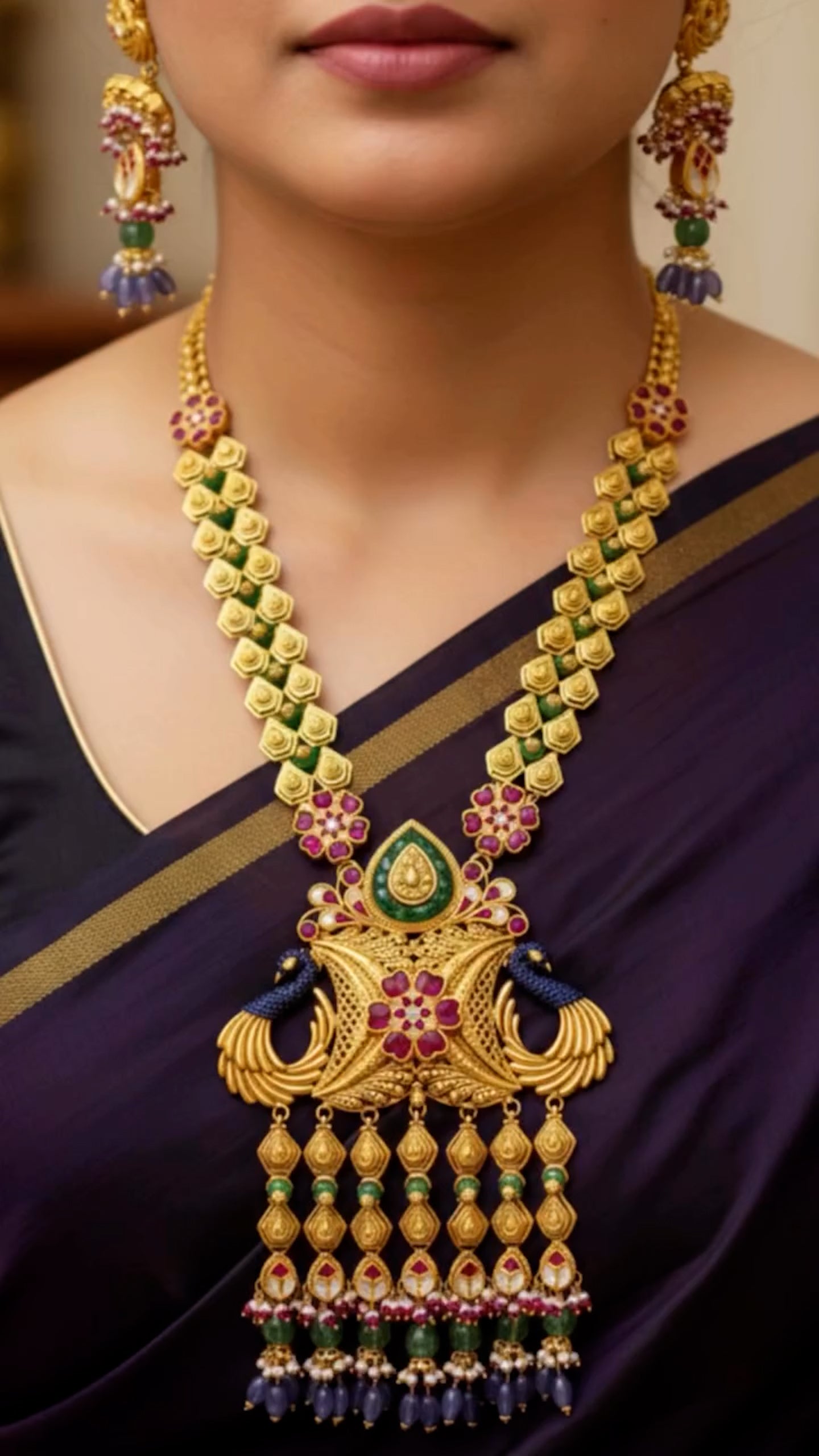 Peacock Motif Temple Jewelry Necklace Set with Multicolor Gemstones