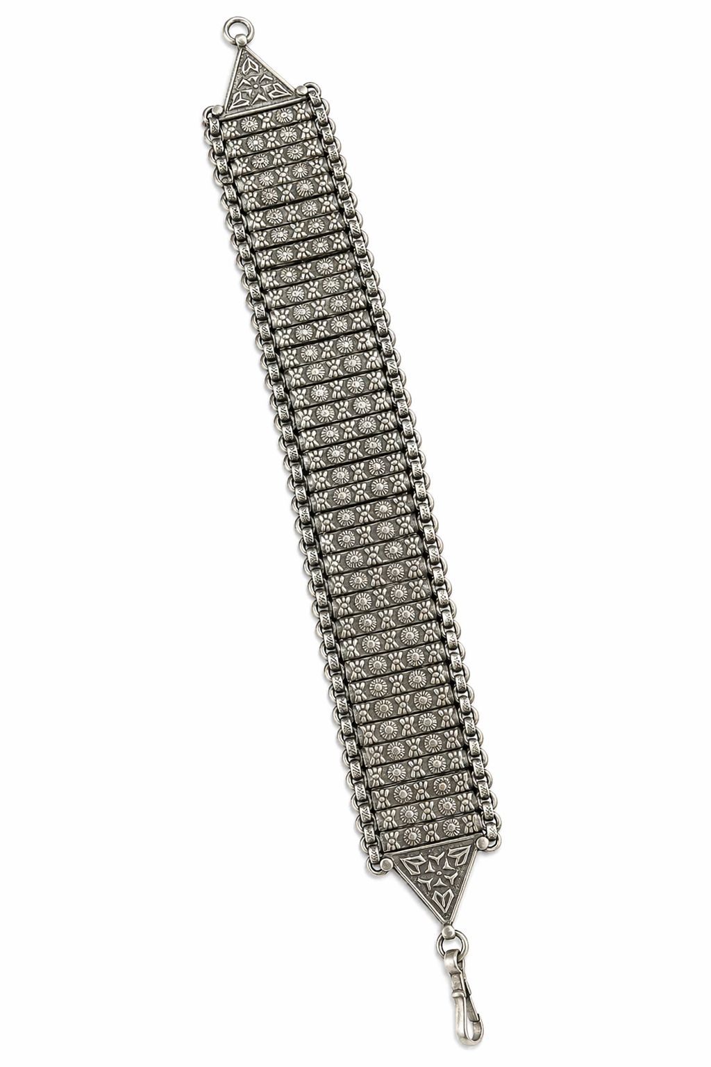 Oxidized Silver Wide Bracelet – Floral Panel Statement Design
