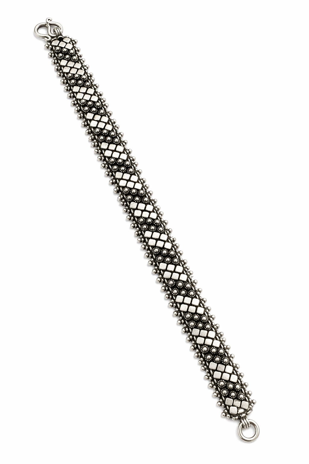 Oxidized Silver Slim Bracelet – Geometric Floral Grid Design