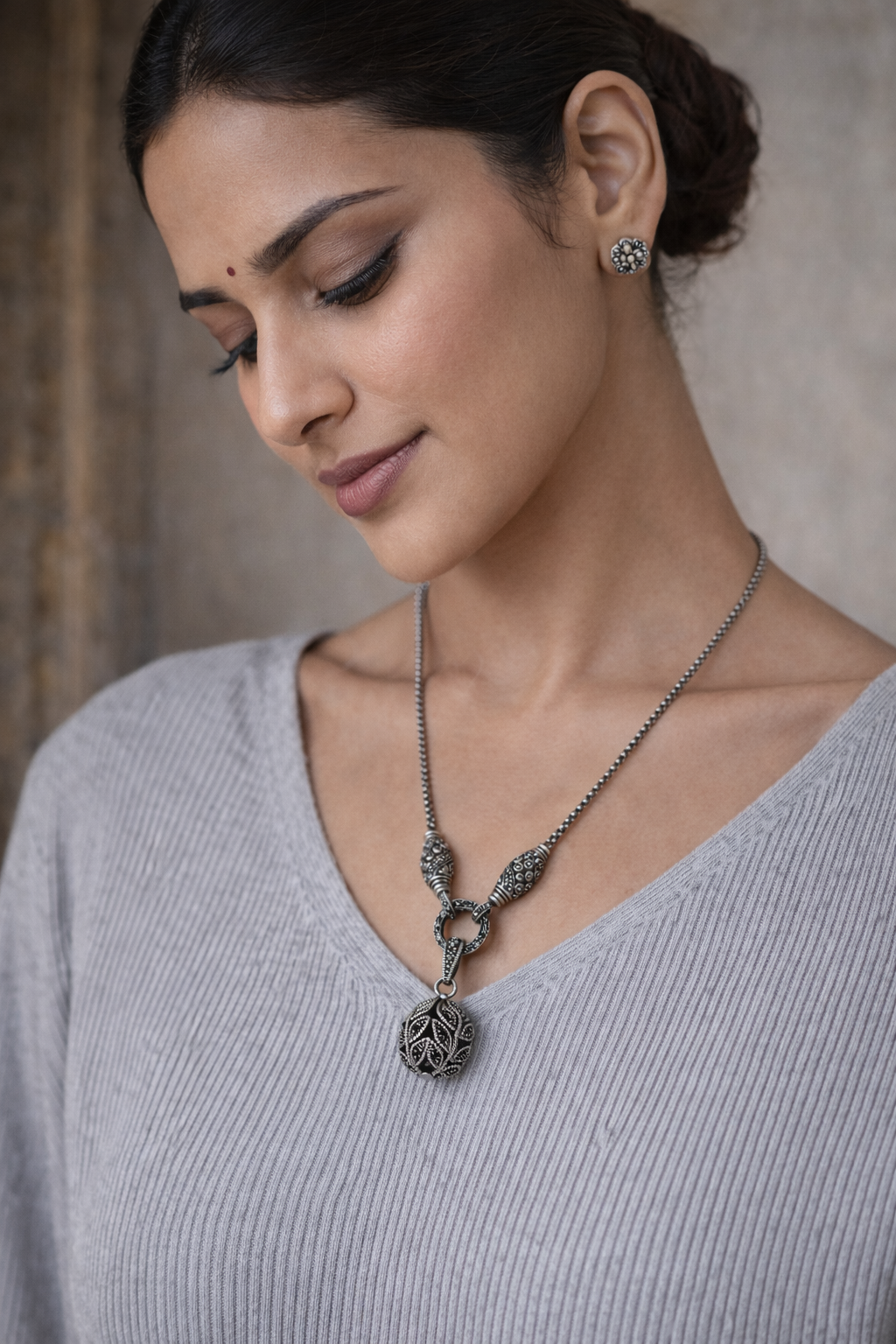 Artisan Hand-Carved Silver Sphere Statement Pendant