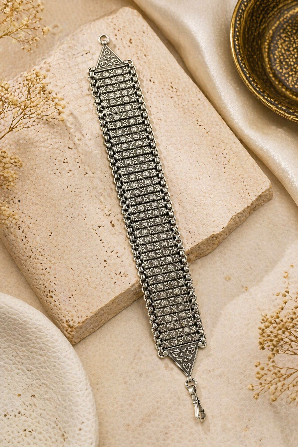 Oxidized Silver Wide Bracelet – Floral Panel Statement Design