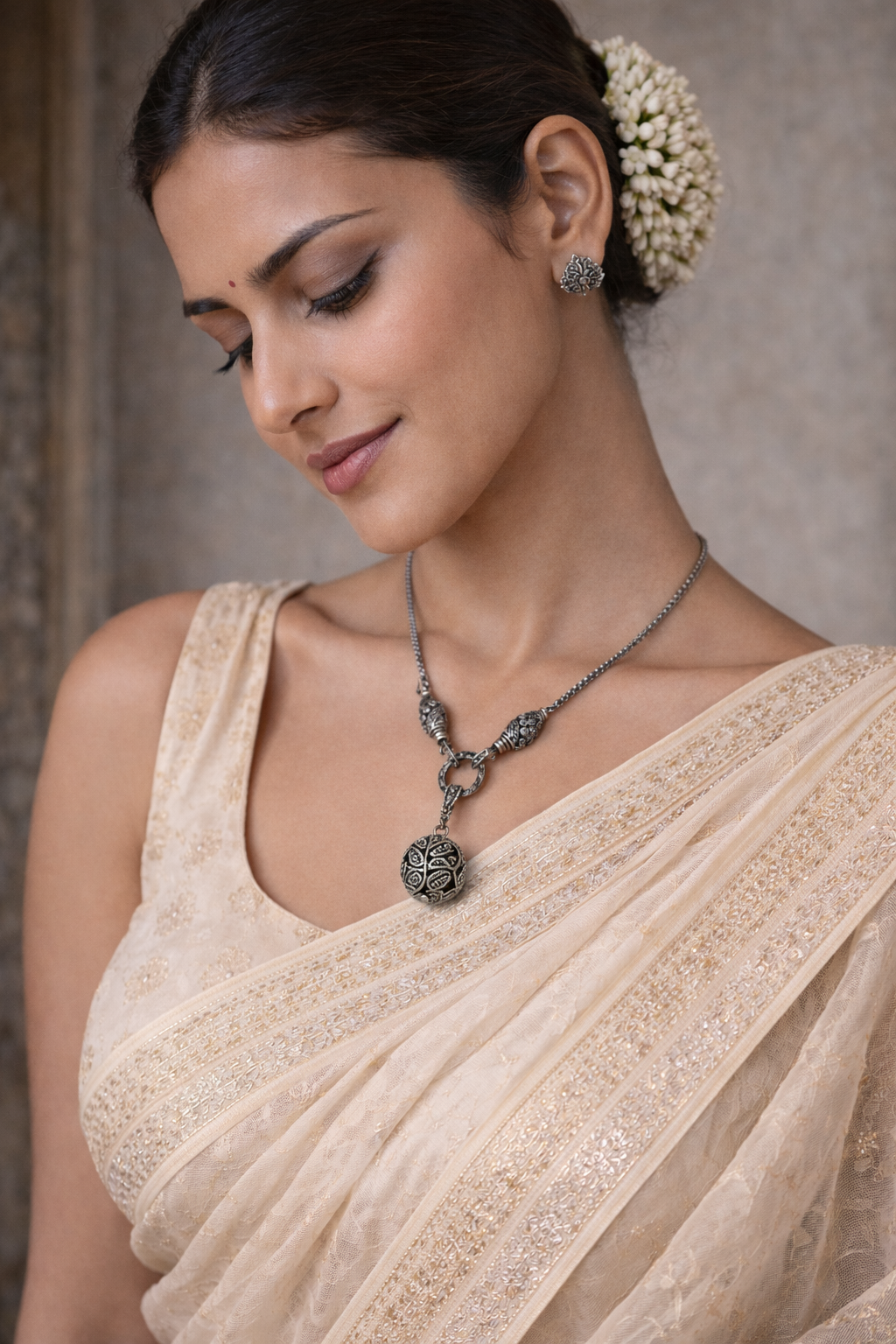 Artisan Hand-Carved Silver Sphere Statement Pendant