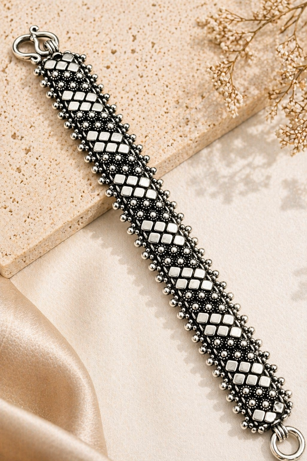 Oxidized Silver Slim Bracelet – Geometric Floral Grid Design