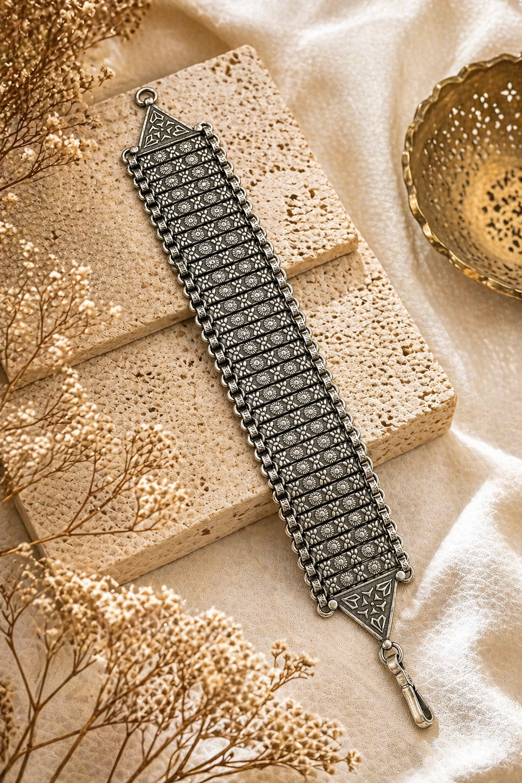 Oxidized Silver Wide Bracelet – Floral Panel Statement Design
