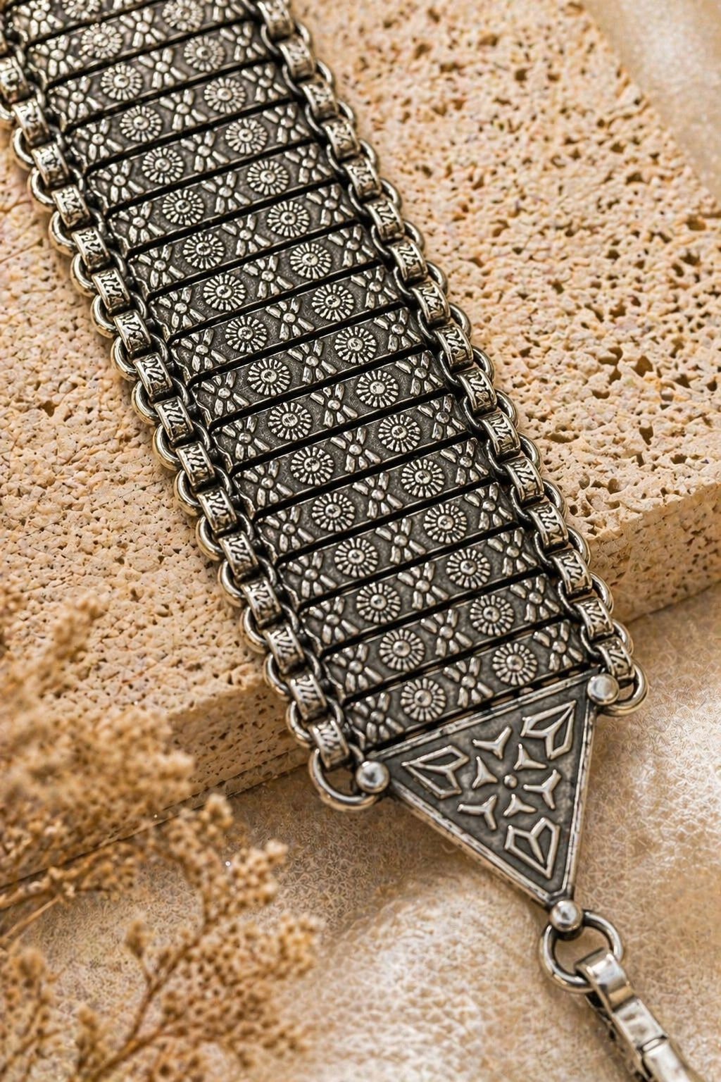 Oxidized Silver Wide Bracelet – Floral Panel Statement Design