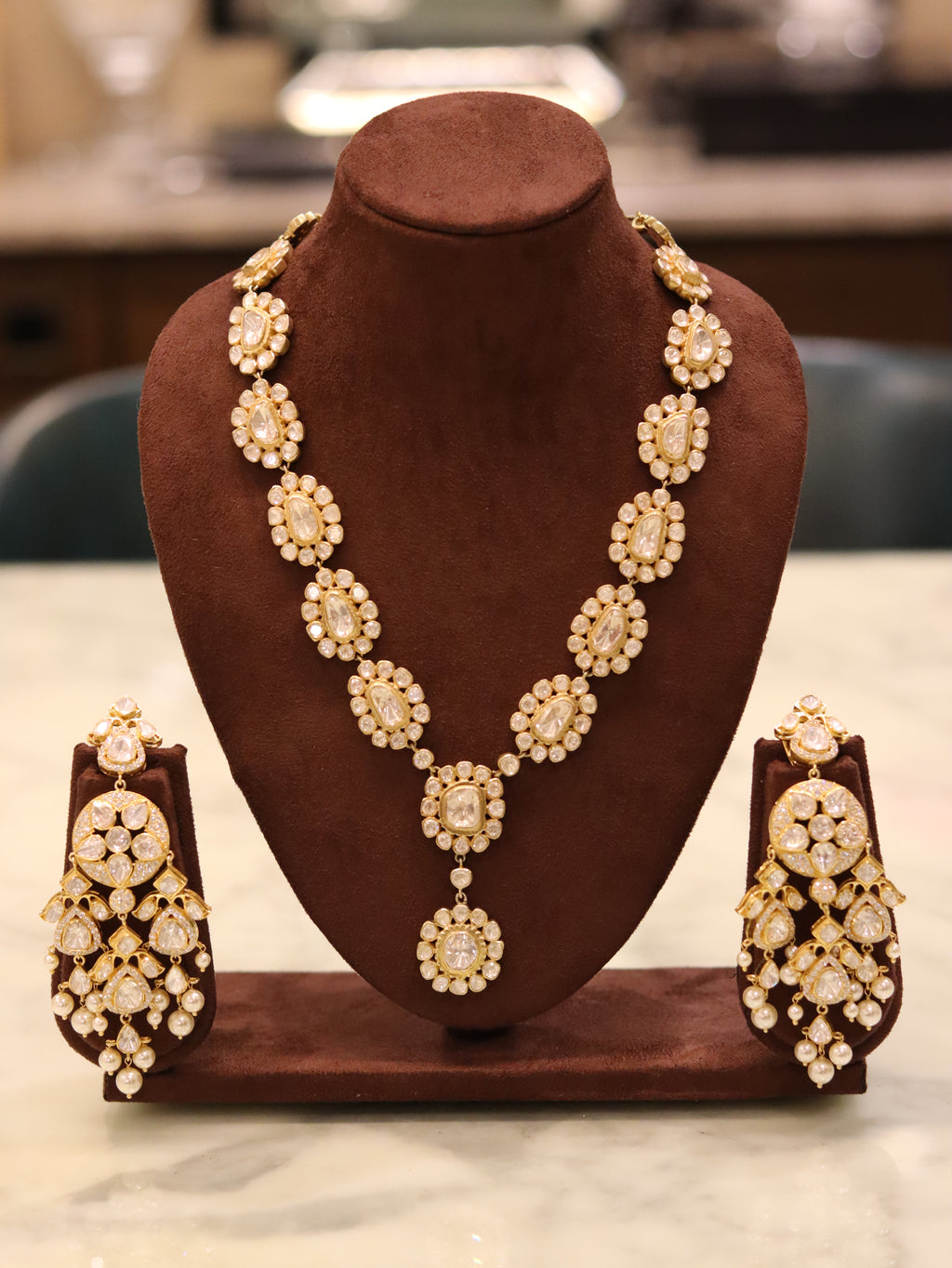Elegant Pearl-Inspired Gold Necklace Set with Statement Drop Earrings