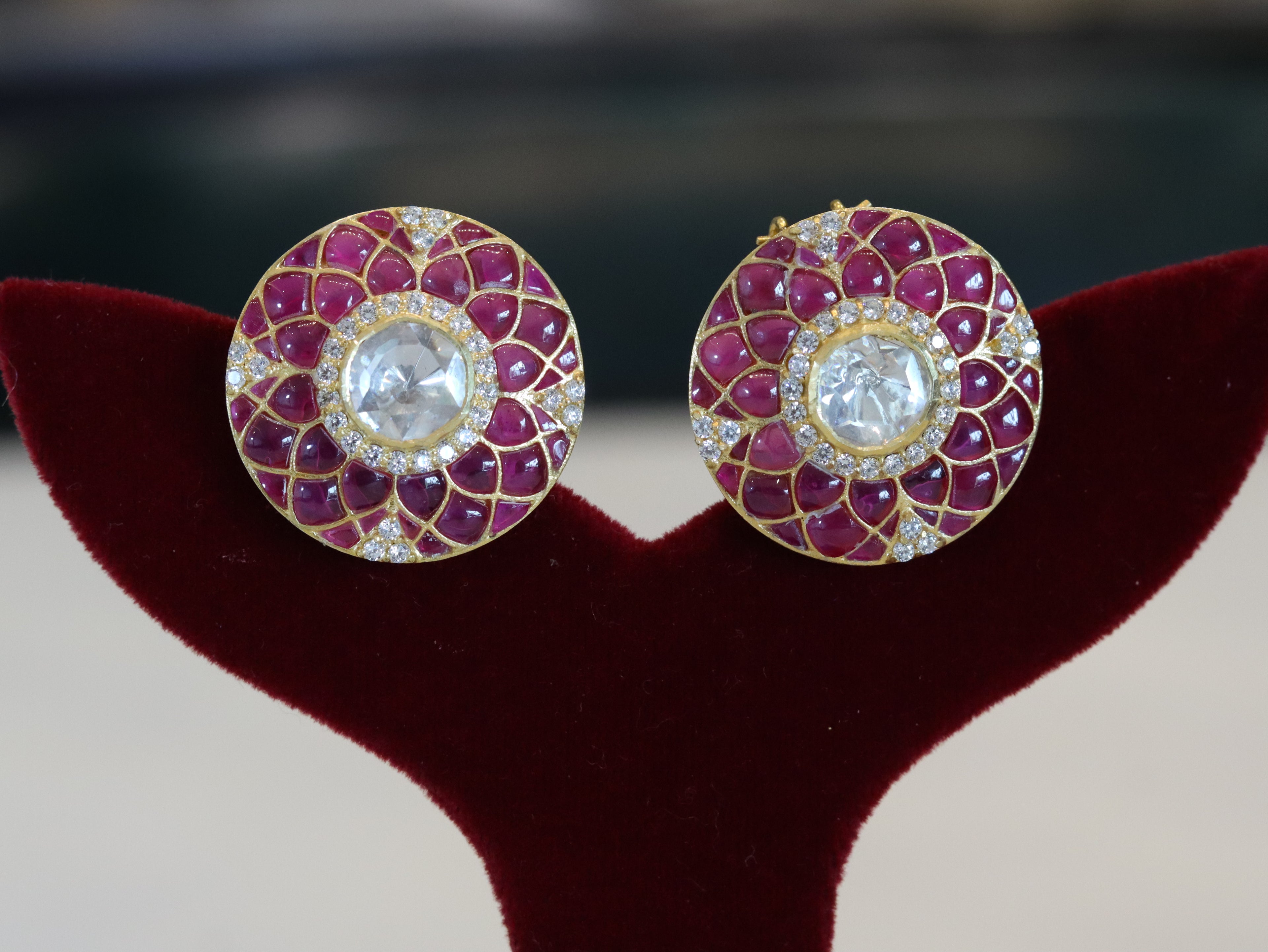 Ruby-Inspired Kundan Stud Earrings with Crystal Detailing