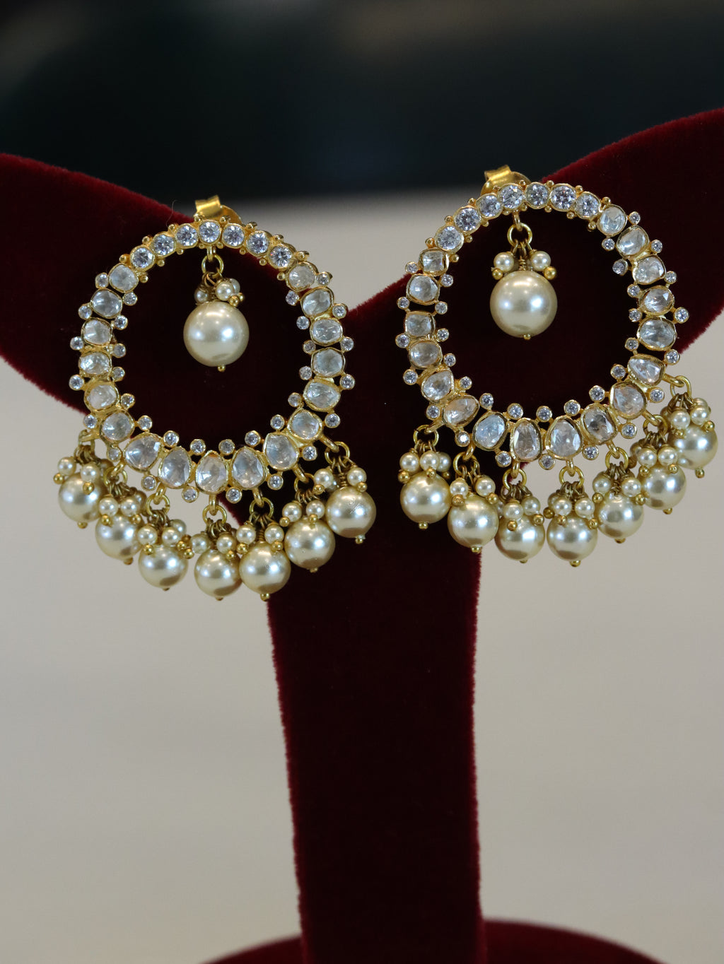Pearl Chandbali Earrings with Kundan Stone Detailing