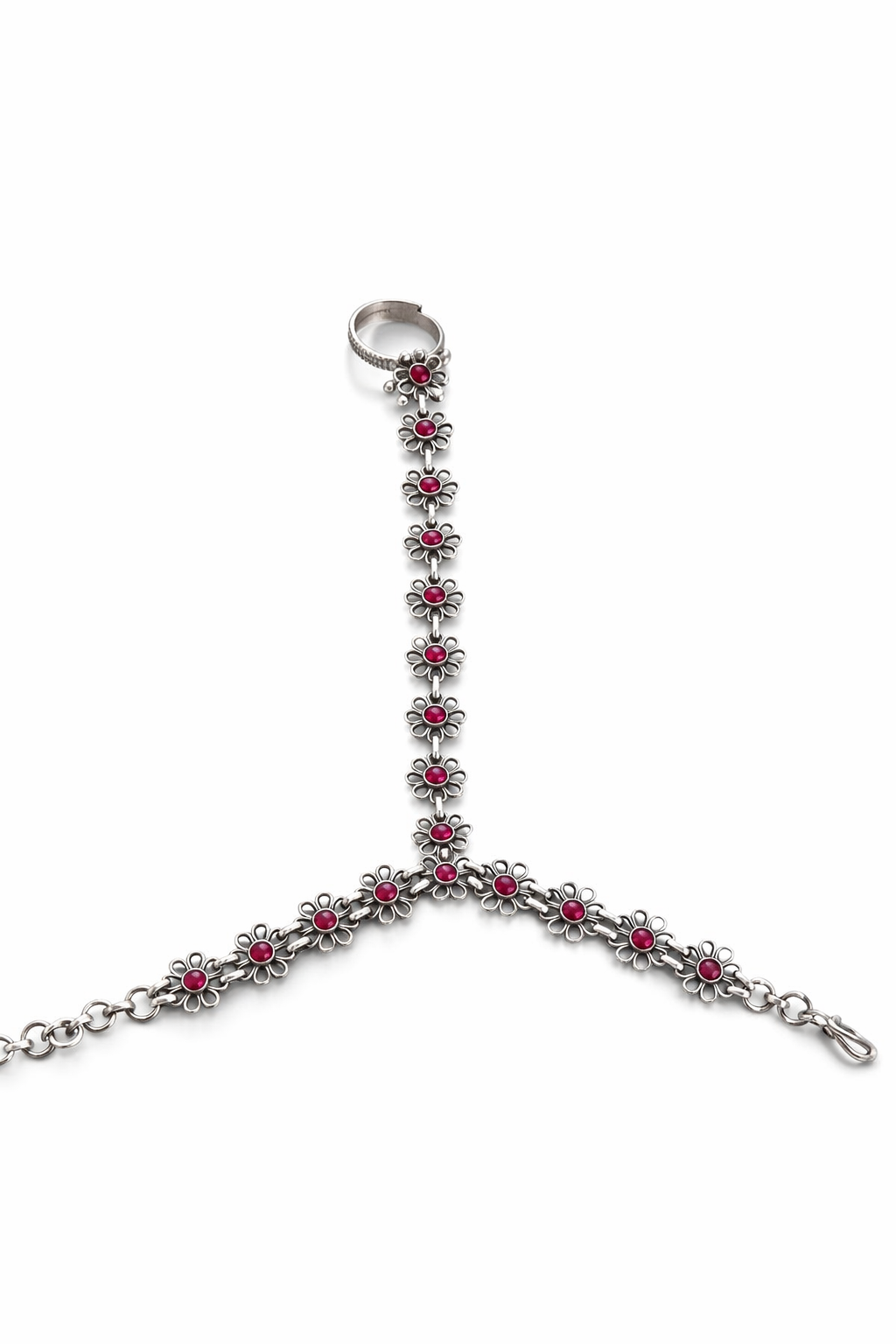 Floral Statement Hand Chain with Red Stones