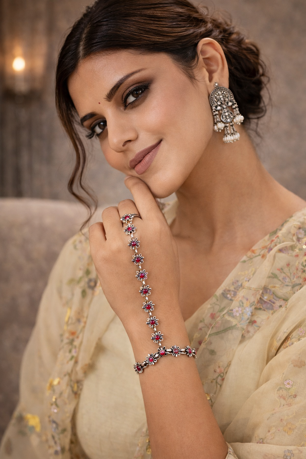 Floral Statement Hand Chain with Red Stones