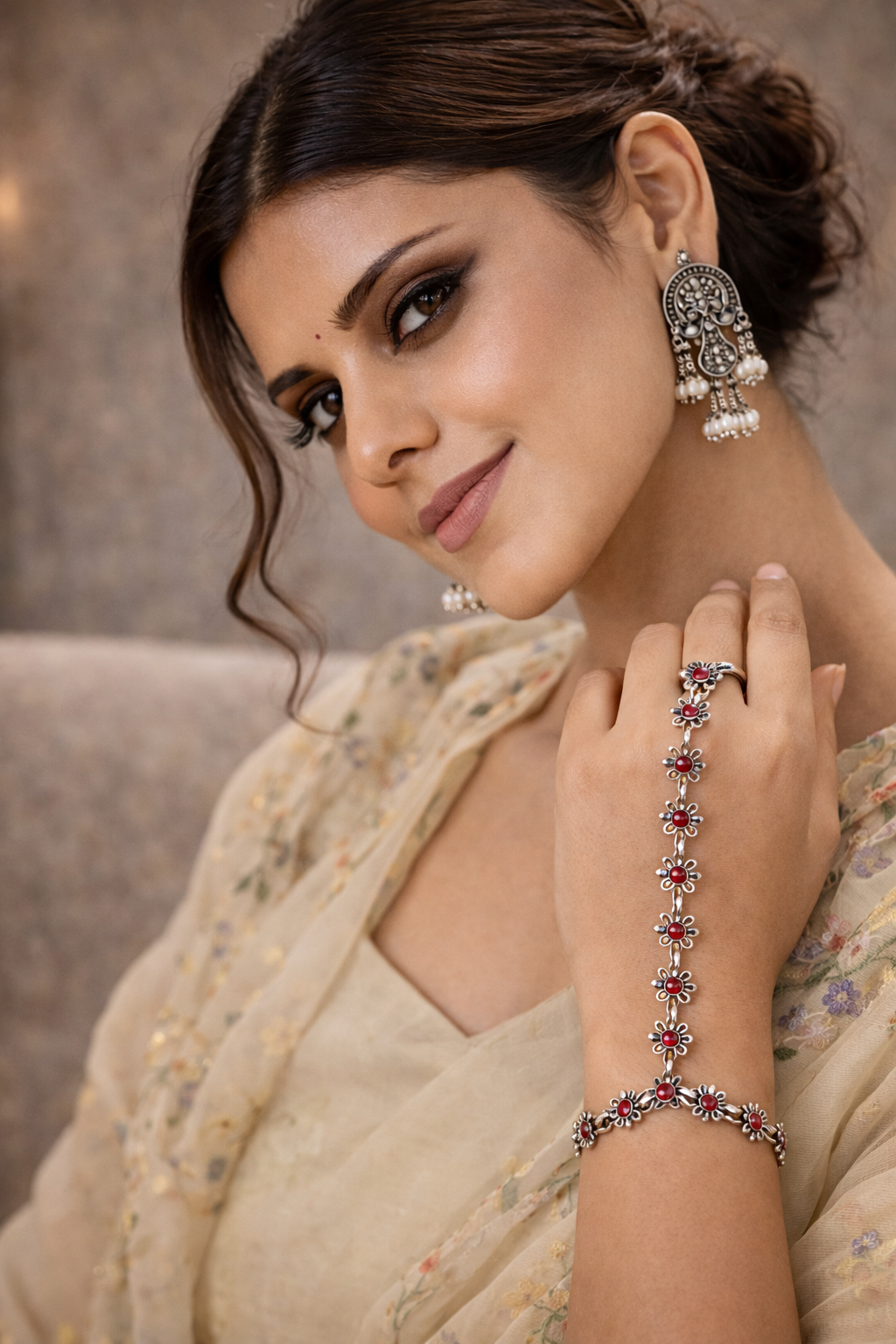 Floral Statement Hand Chain with Red Stones